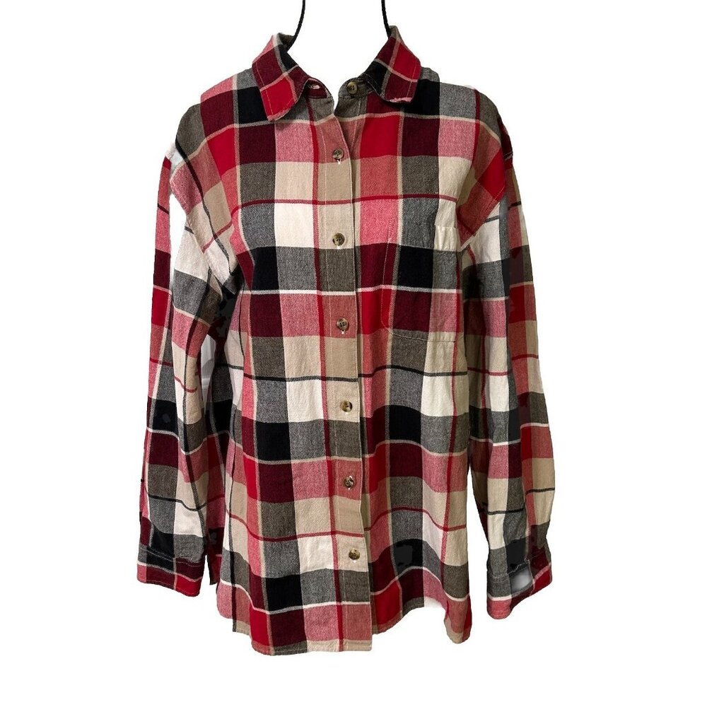 Ms. Lee 2XL Red Black Tan Plaid Flannel Women’s Button down Shirt All Cotton B50